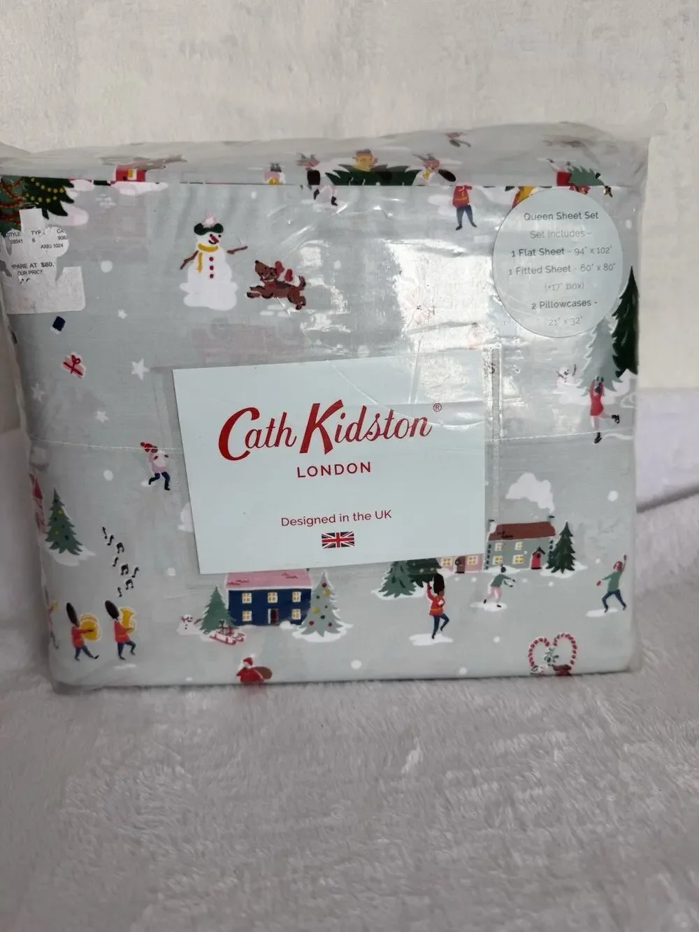 New Cath Kidston Queen 4 Piece 100% Cotton Sheet Set London Snow Day Duckegg